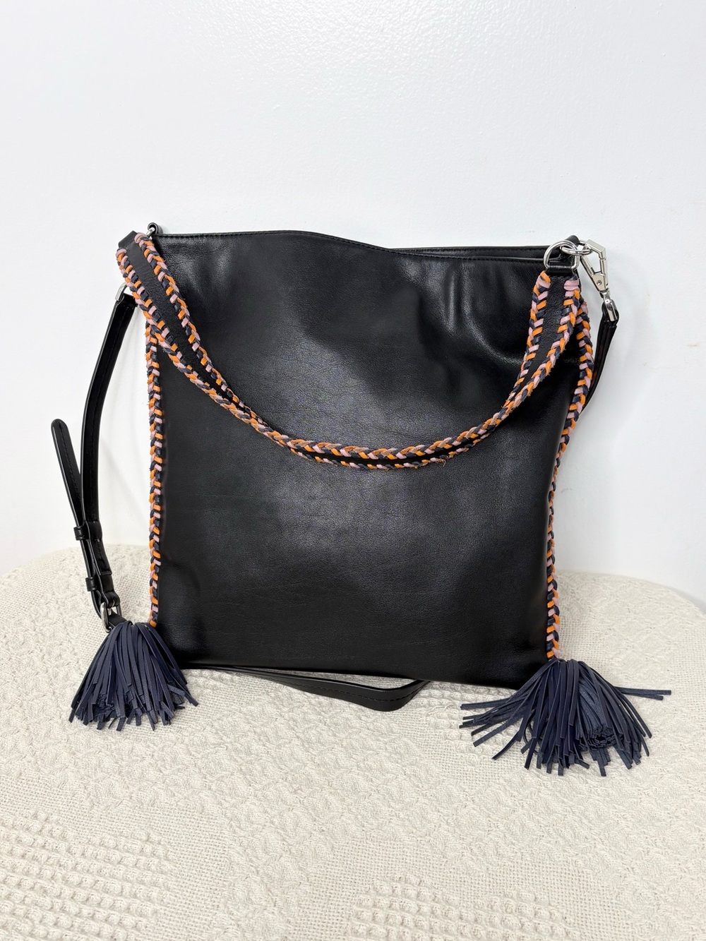 Rebecca Minkoff Chase Convertible Hobo Bag Black Leather Tassel Braided Boho